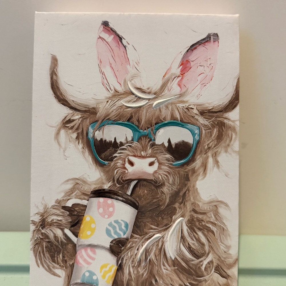 Super Cute Highland Cow Canvas Art with Bunny Ears, Sunglasses and Tumbler- NWT